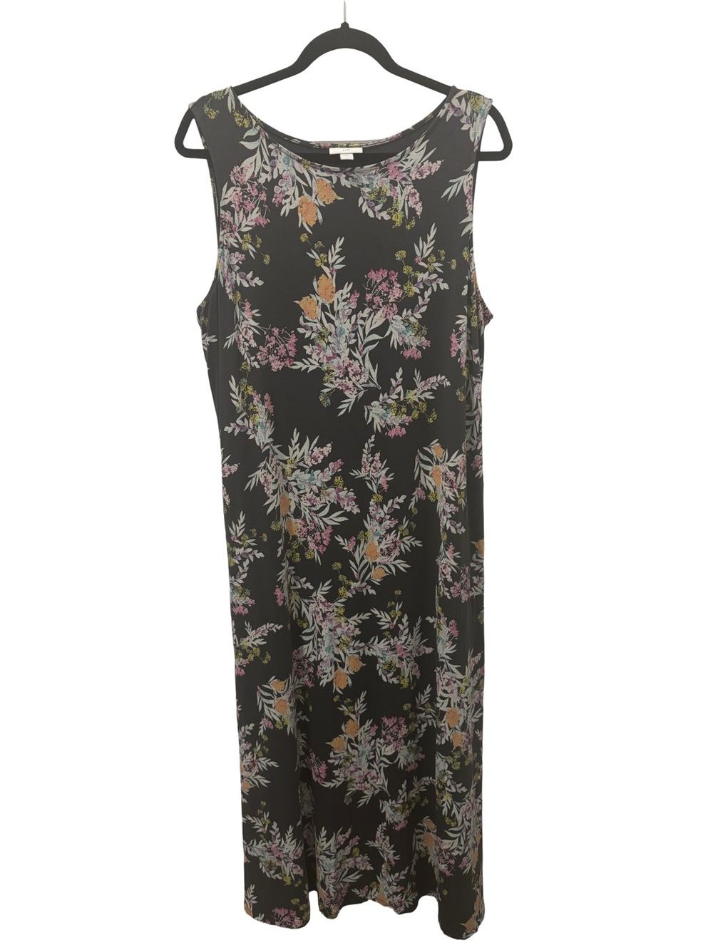 J. Jill Charcoal Gray Floral Jersey Knit Maxi Dress Size L NWOT Pockets!